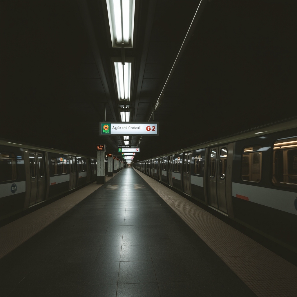A dimly lit subway platform with modern trains and a calm atmosphere, featuring neutral colors.