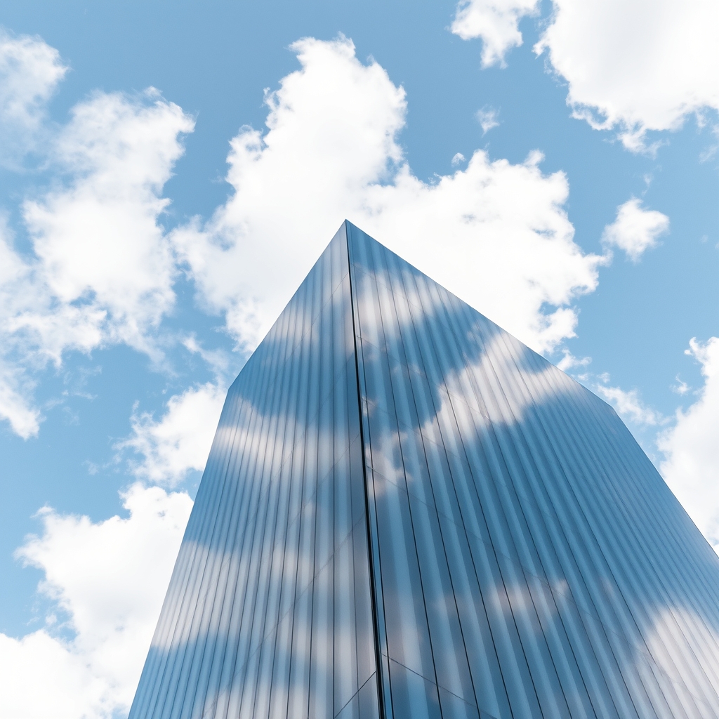 A modern glass skyscraper reflecting fluffy white clouds in the daytime.