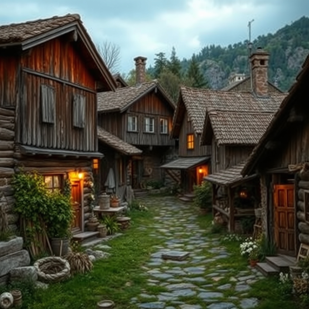 Traditional village scene with old wooden houses and warm lighting.